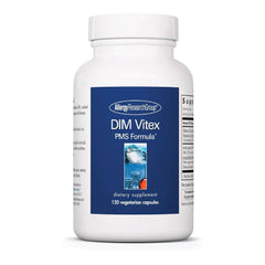 Allergy Research Group DIM Vitex supplement bottle showcases hypoallergenic, vegetarian capsules for daily balance
