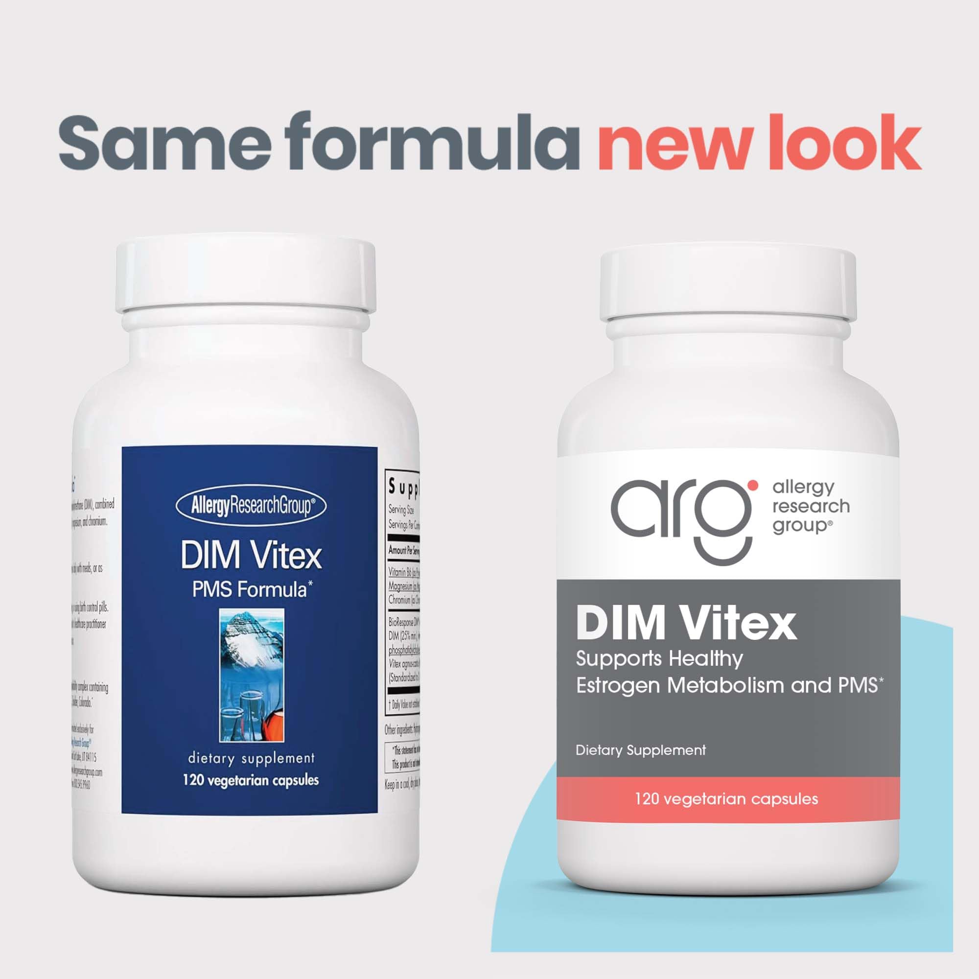 Allergy Research Group DIM Vitex capsules closeup highlights easy-to-swallow vegetarian capsules