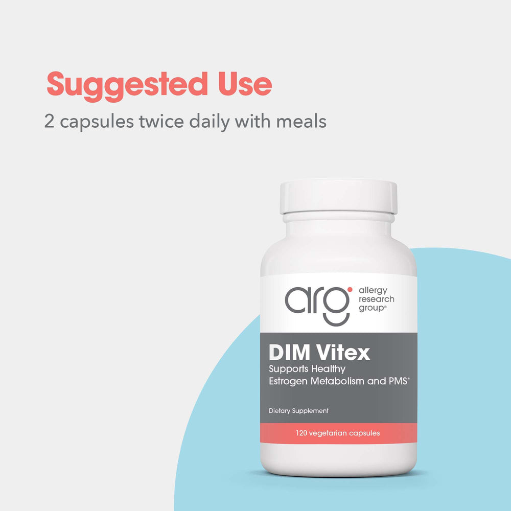 Allergy Research Group DIM Vitex bottle and scoop highlight precise serving per capsule