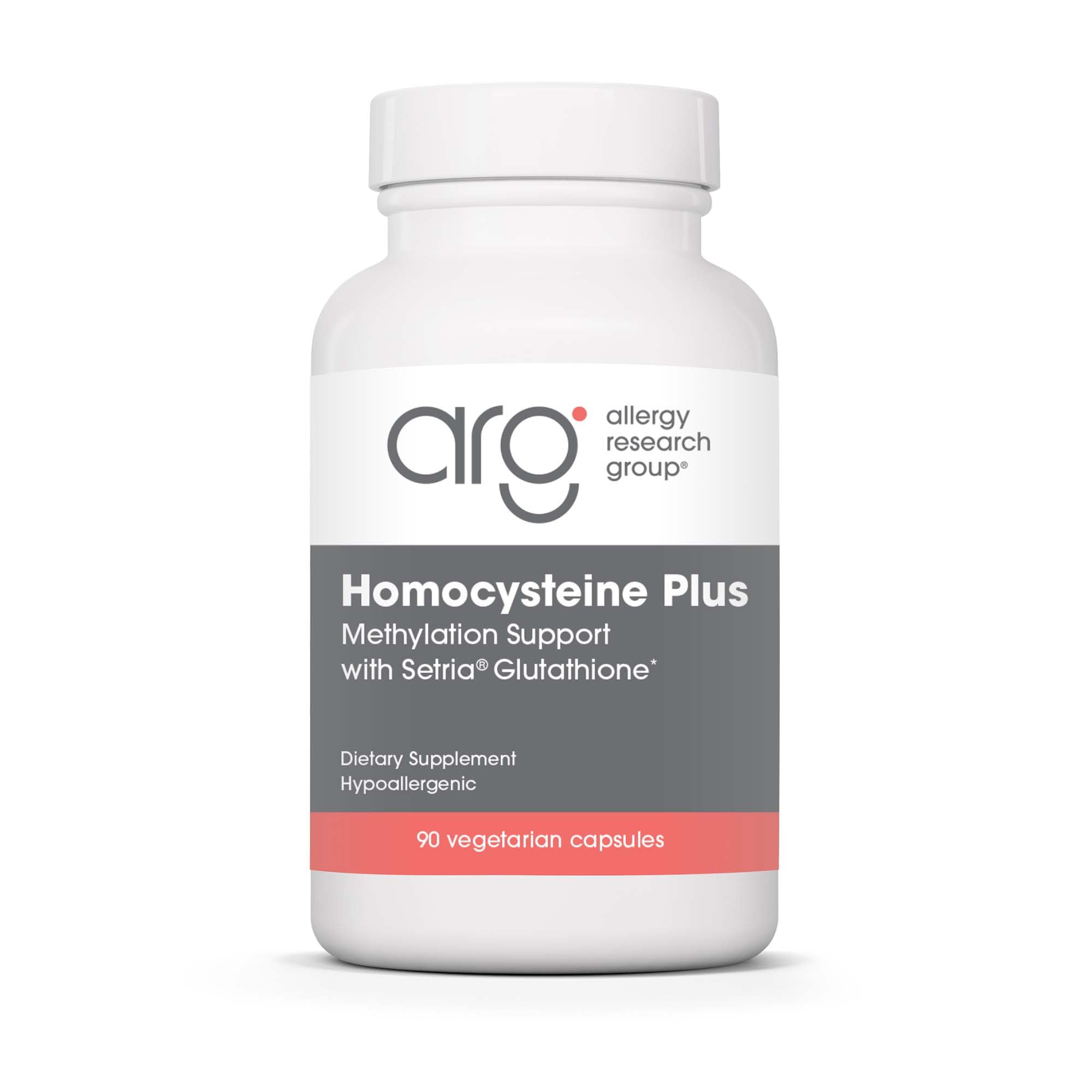 Allergy Research Group Homocysteine Plus bottle supports balanced homocysteine metabolism with Setria glutathione.