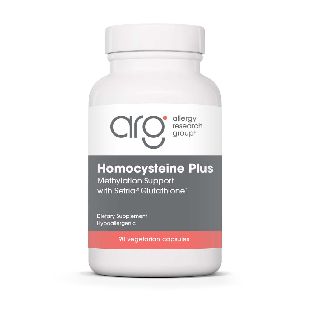 Allergy Research Group Homocysteine Plus bottle supports balanced homocysteine metabolism with Setria glutathione.