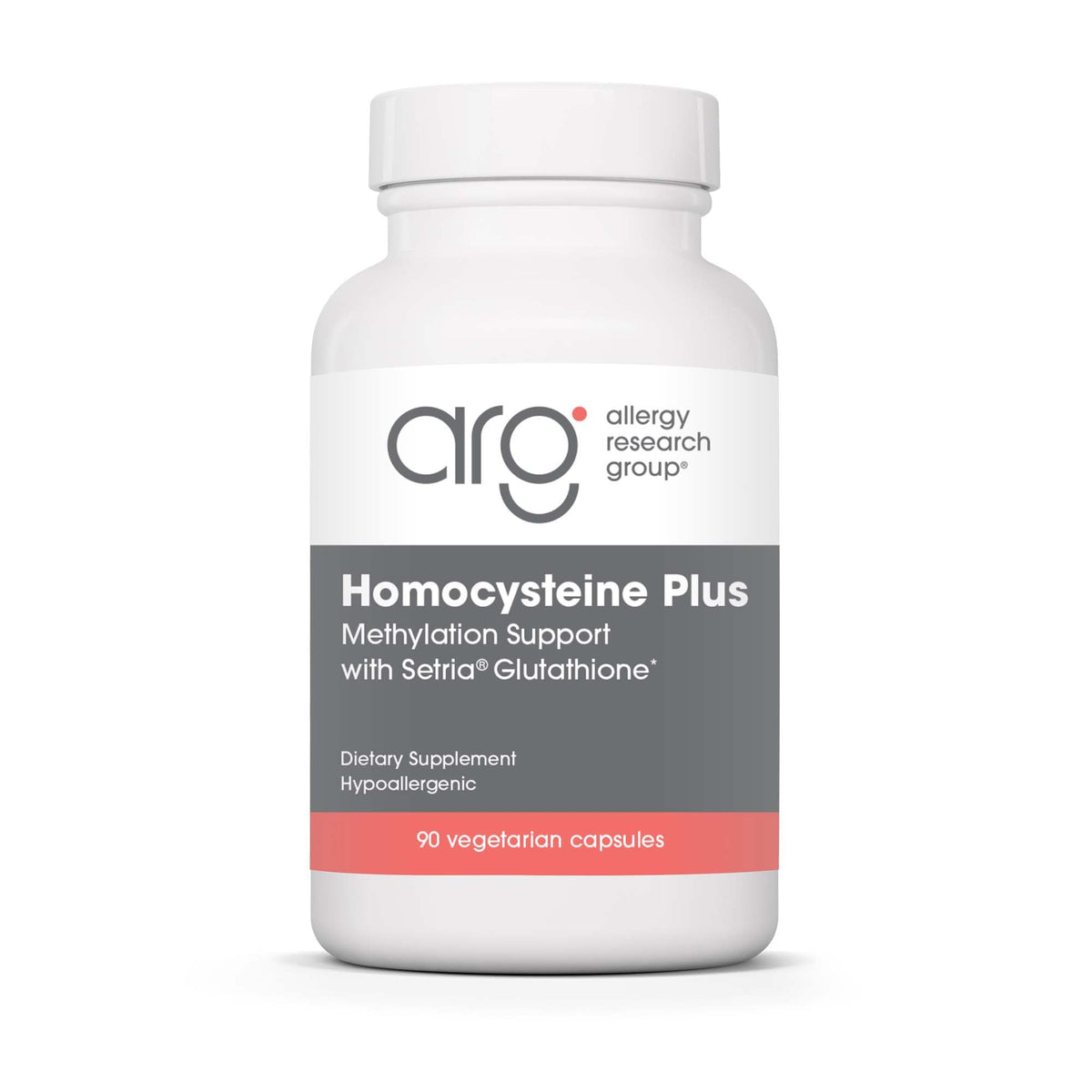 Allergy Research Group Homocysteine Plus bottle supports balanced homocysteine metabolism with Setria glutathione.