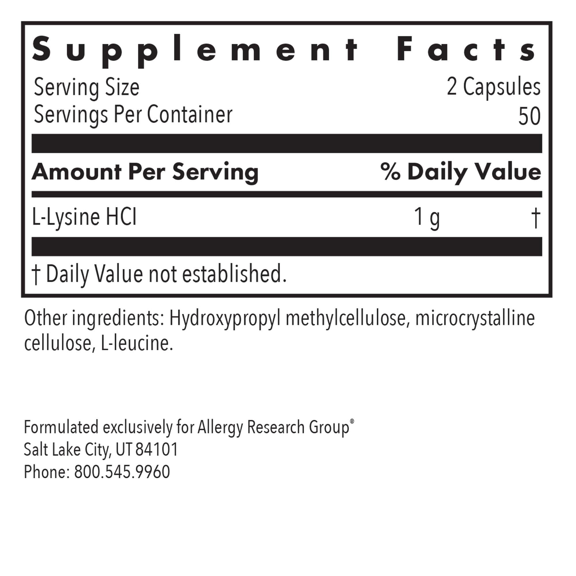 Allergy Research Group L-Lysine capsules close-up highlighting free-form amino acid
