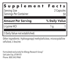 Allergy Research Group L-Lysine capsules close-up highlighting free-form amino acid