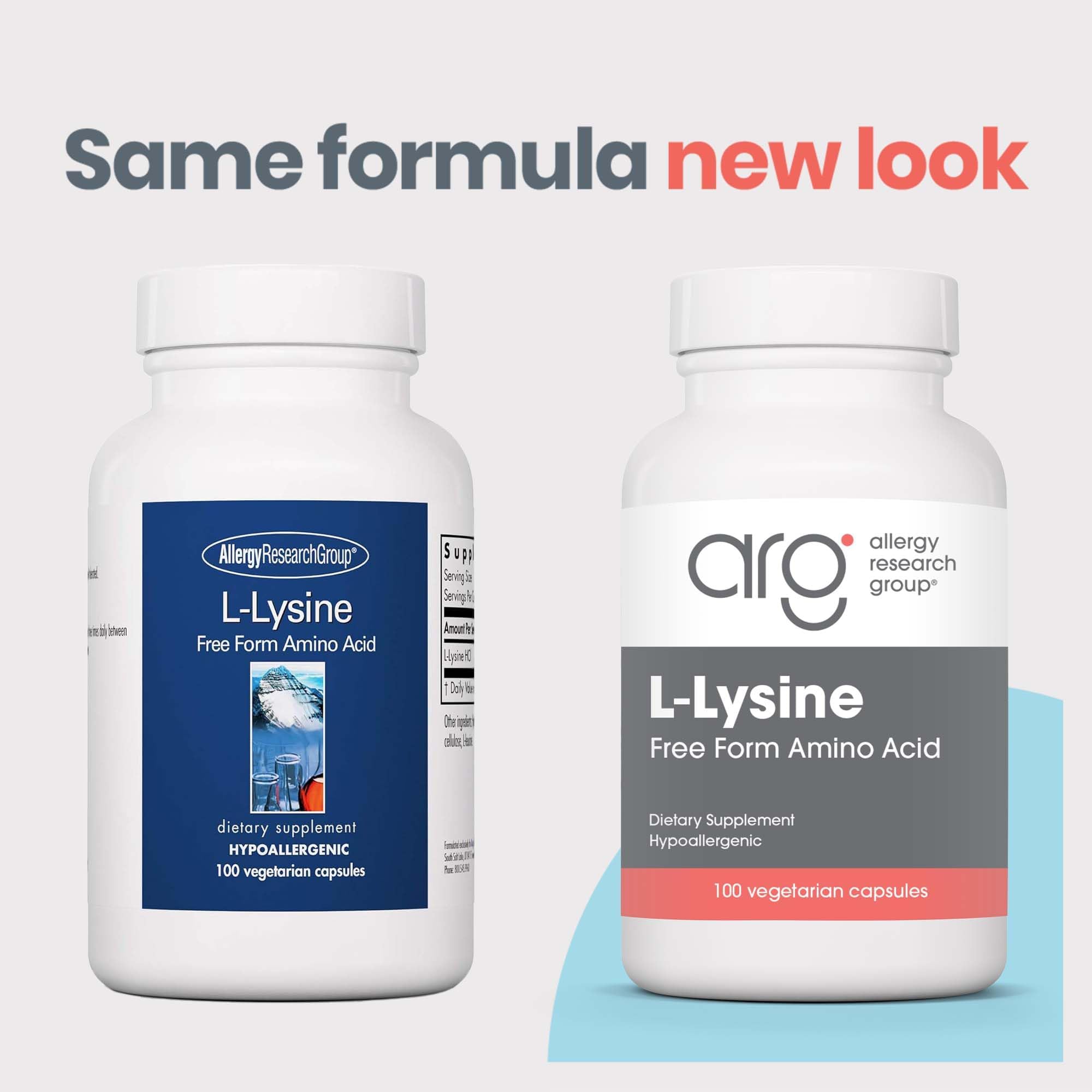 Allergy Research Group L-Lysine bottle label detail with dosage information