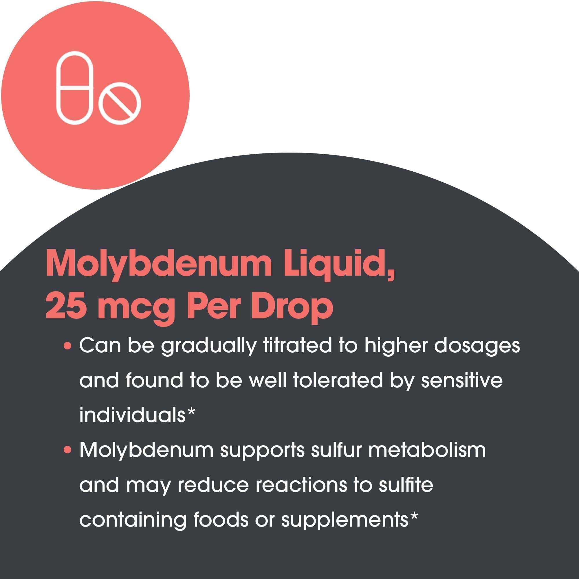 Allergy Research Group Liquid Molybdenum amber bottle protecting potency and shelf life.