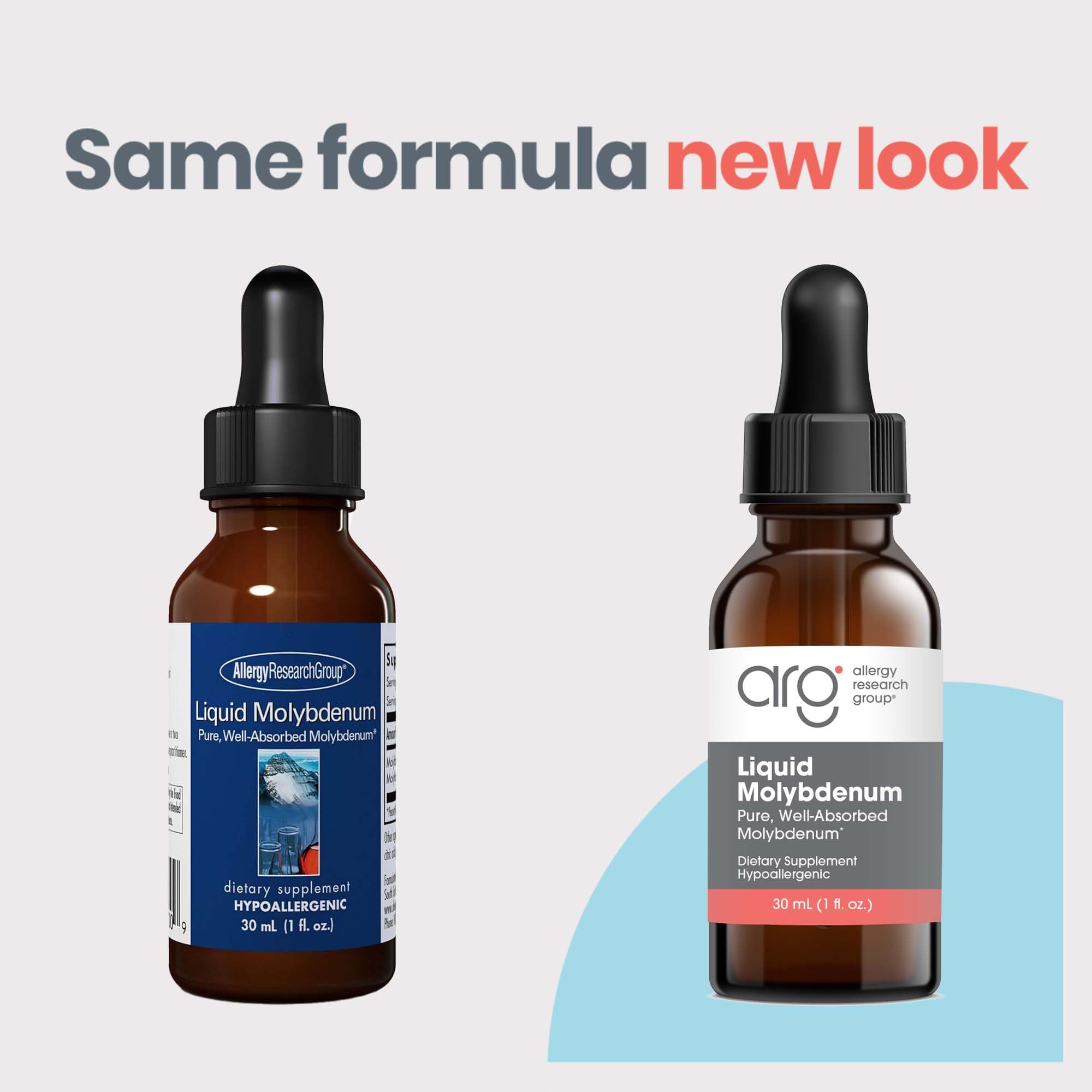 Allergy Research Group Liquid Molybdenum dosage drops shown for easy, customizable supplementation.
