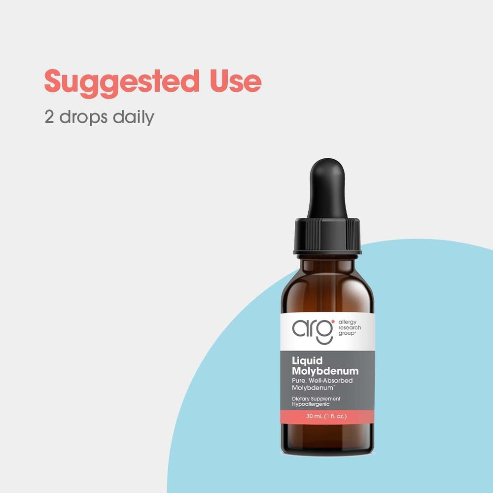 Allergy Research Group Liquid Molybdenum label front highlighting per-drop strength and ingredients.