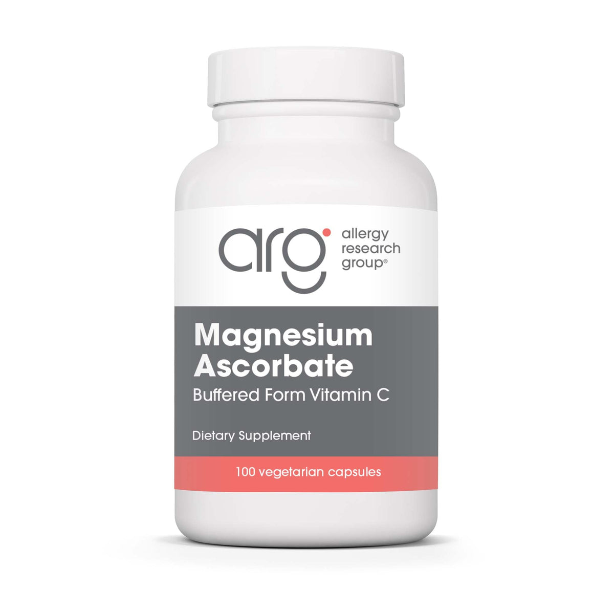Allergy Research Group magnesium-ascorbate bottle with capsules for gentle vitamin C support.