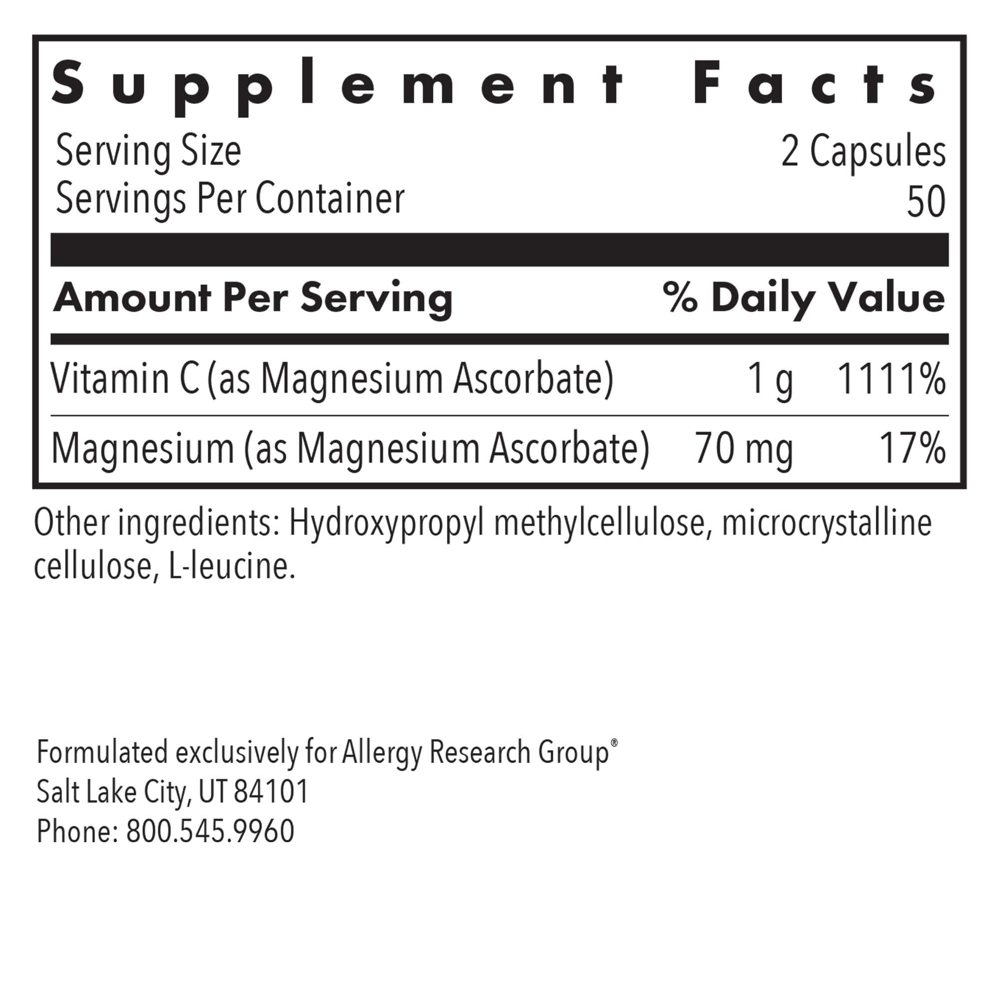 Allergy Research Group magnesium-ascorbate label showing buffered non-acidic vitamin C.