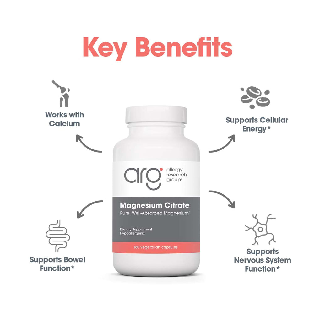 Allergy Research Group Magnesium Citrate capsules illustration focusing on bottle and capsules.