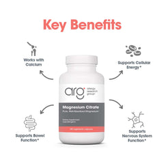 Allergy Research Group Magnesium Citrate capsules illustration focusing on bottle and capsules.