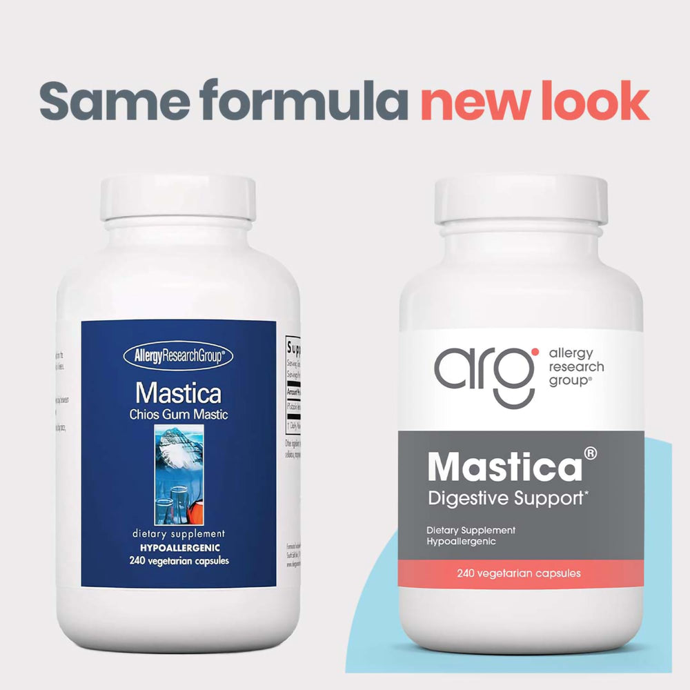 Allergy Research Group Mastica capsules closeup shows 500 mg resin per capsule for daily use