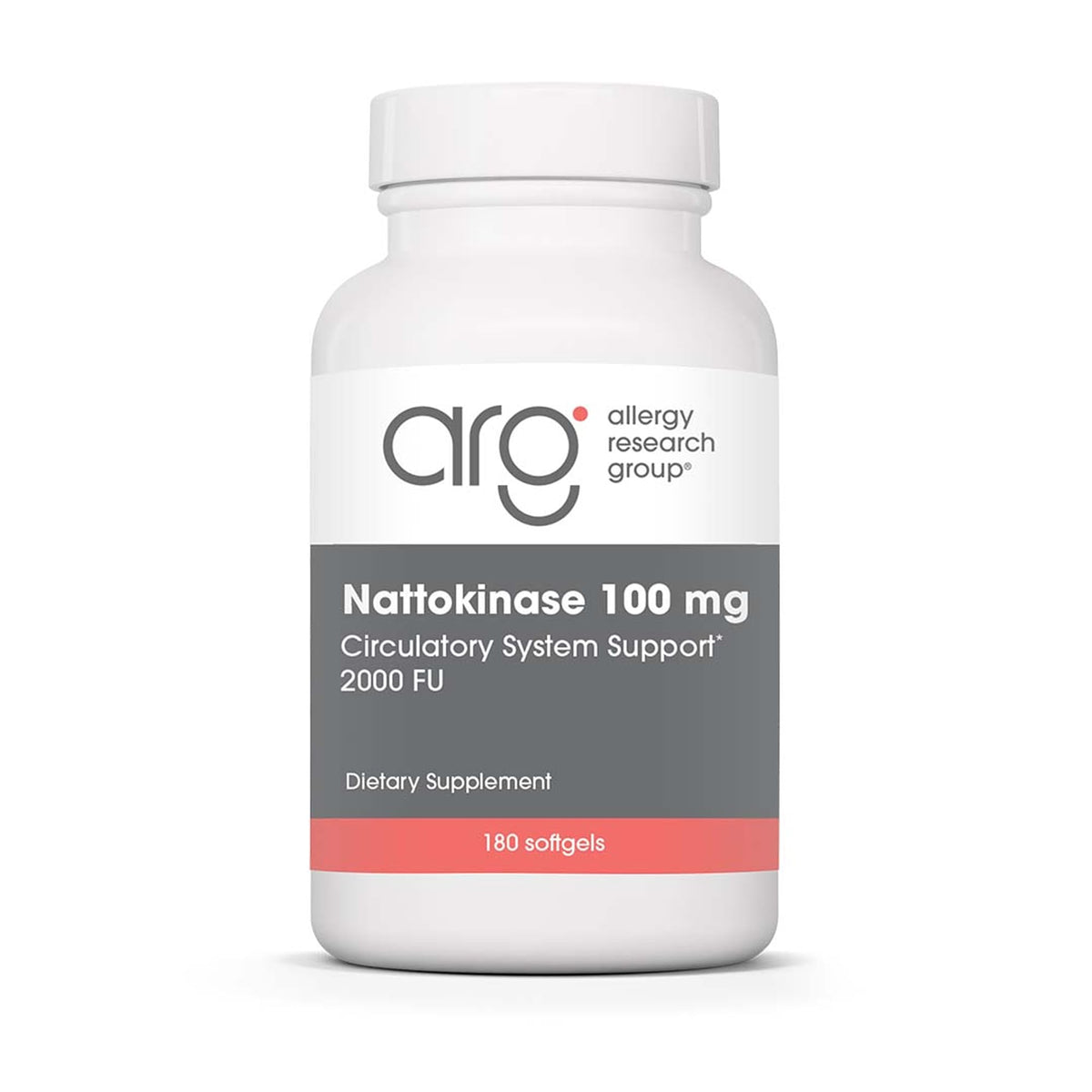 Allergy Research Group nattokinase softgel bottle shows heart health support.
