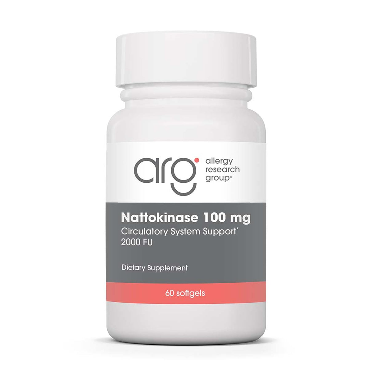 Allergy Research Group Nattokinase NSK-SD bottle with label, supports consistent cardiovascular care when used as directed.