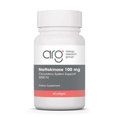 Allergy Research Group Nattokinase NSK-SD bottle with label, supports consistent cardiovascular care when used as directed.