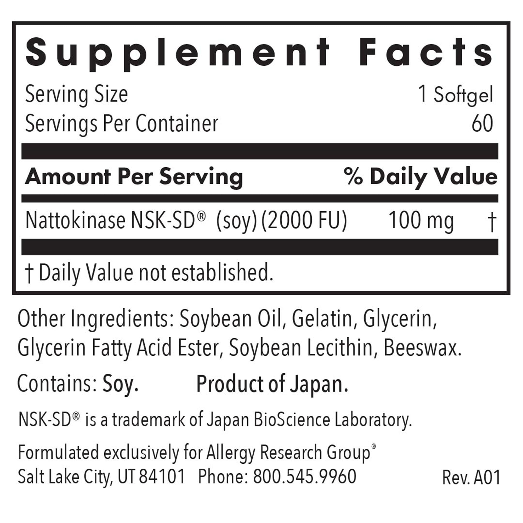 Allergy Research Group NSK-SD label highlights purity and potency for reliable supplementation.