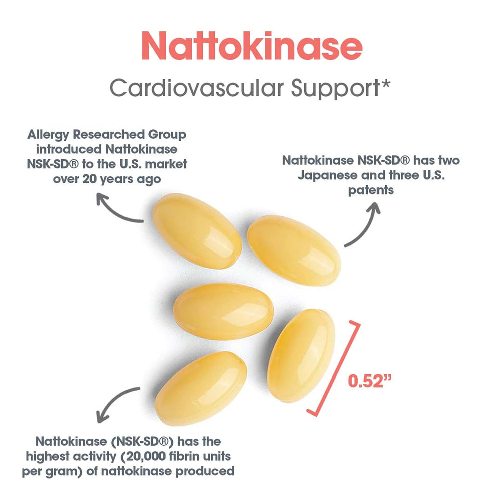 Allergy Research Group NSK-SD quality-control badge ensures premium nattokinase standards.