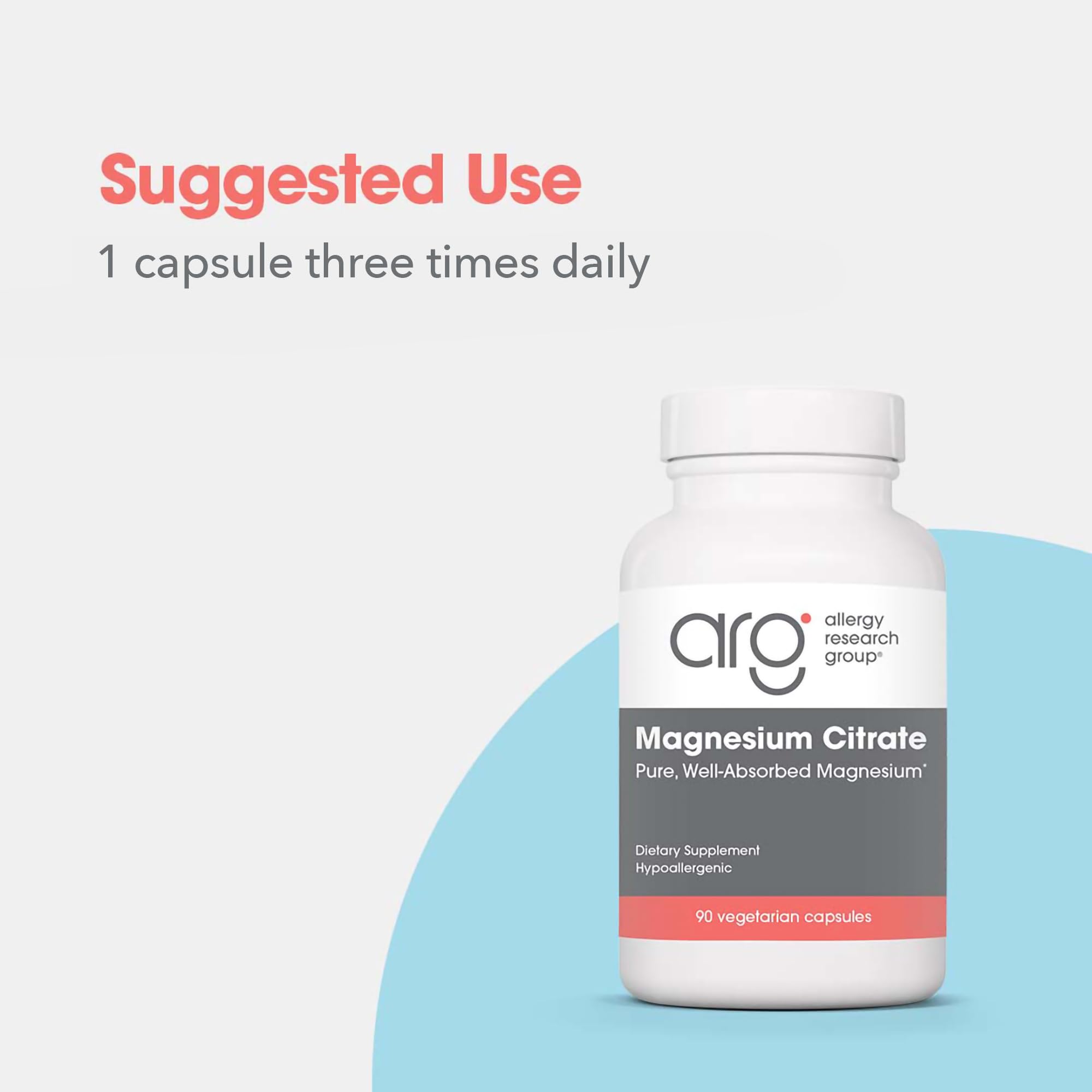 Allergy Research Group magnesium citrate bottle on counter with close-up capsule texture