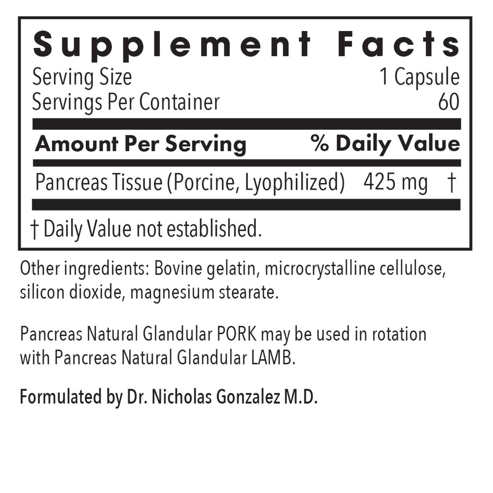 Allergy Research Group Pancreas Pork Supplement capsules close-up shows glandular content