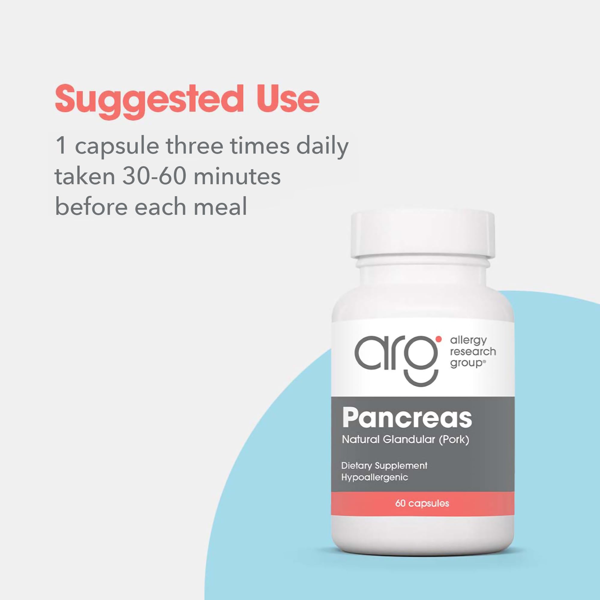 Allergy Research Group Pancreas Pork Supplement label info communicates usage and dosage