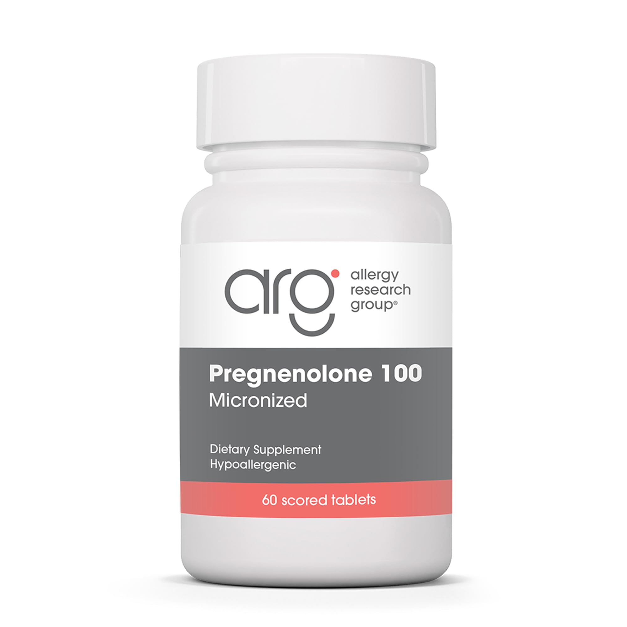 Allergy Research Group Pregnenolone 100mg bottle showcases convenient hormone support.