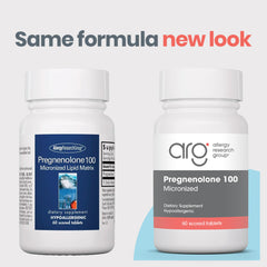 Close-up of Allergy Research Group Pregnenolone tablets highlighting compact pills.