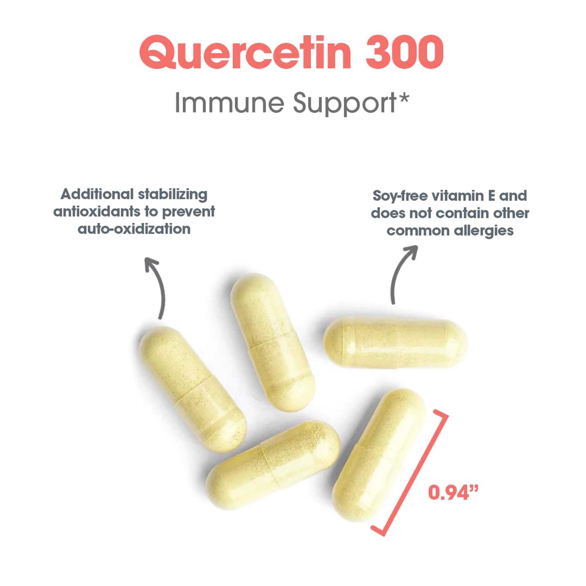 Allergy Research Group Quercetin 300 free-from-allergens packaging highlights safety and suitability.