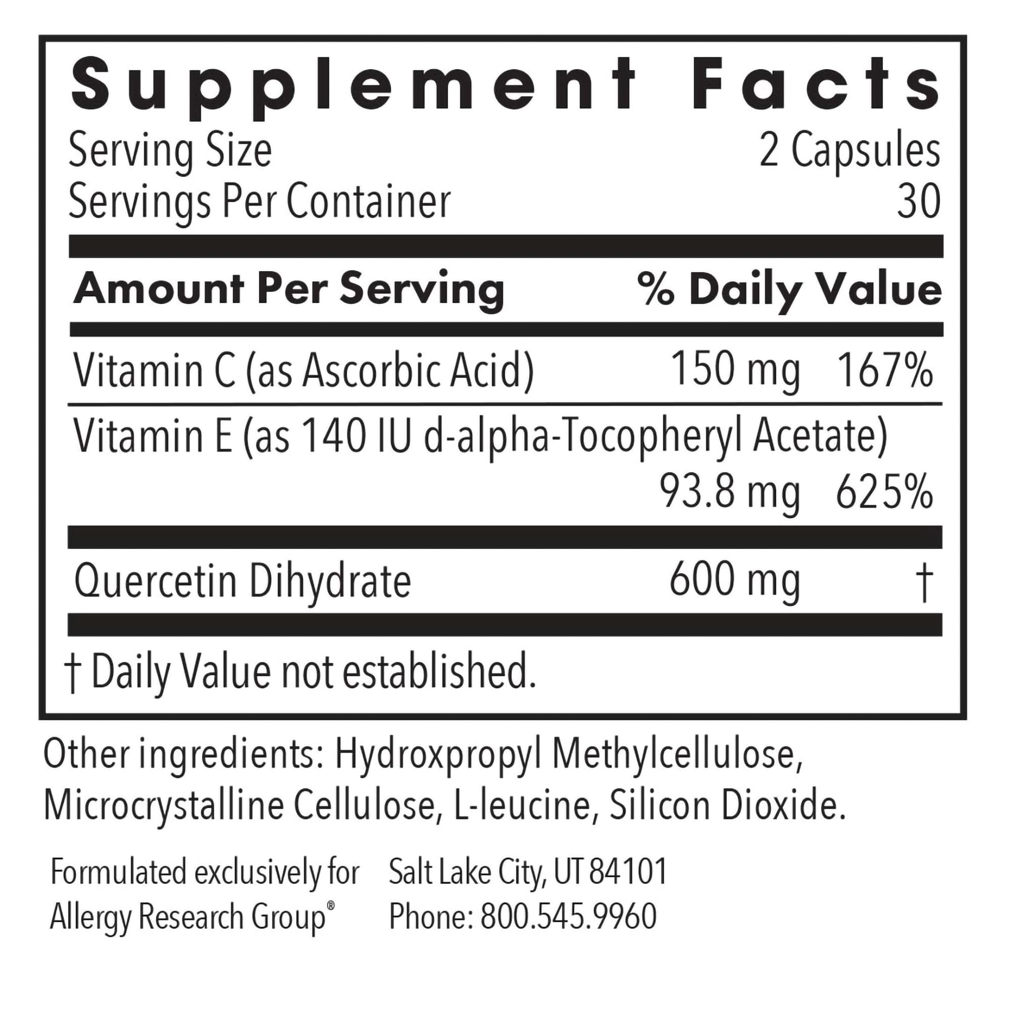 Allergy Research Group Quercetin 300 label detail highlighting antioxidant blend.