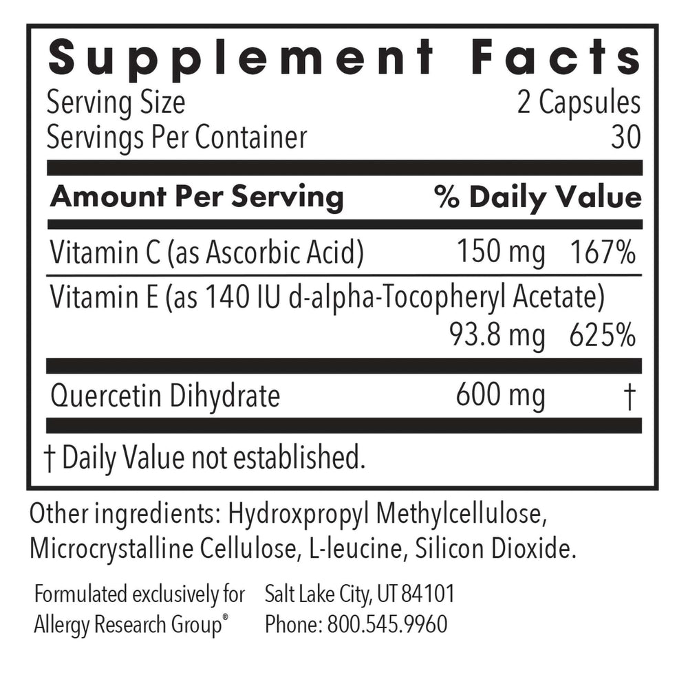 Allergy Research Group Quercetin 300 label detail highlighting antioxidant blend.