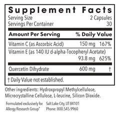 Allergy Research Group Quercetin 300 label detail highlighting antioxidant blend.