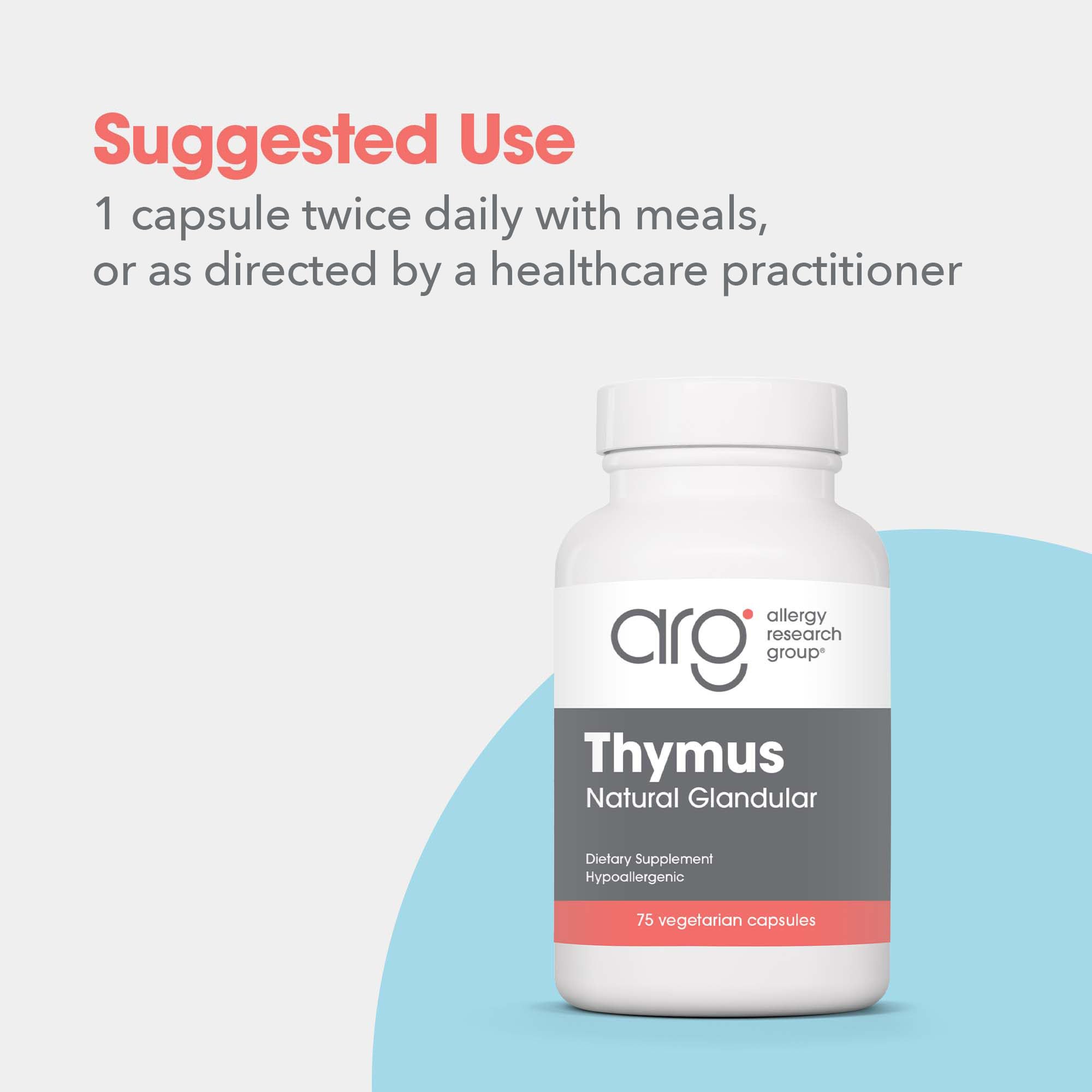 Allergy Research Group Thymus Supplement 75-count bottle for daily routine.