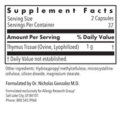 Allergy Research Group Thymus Supplement freeze-dried tissue from New Zealand highlights sourcing.
