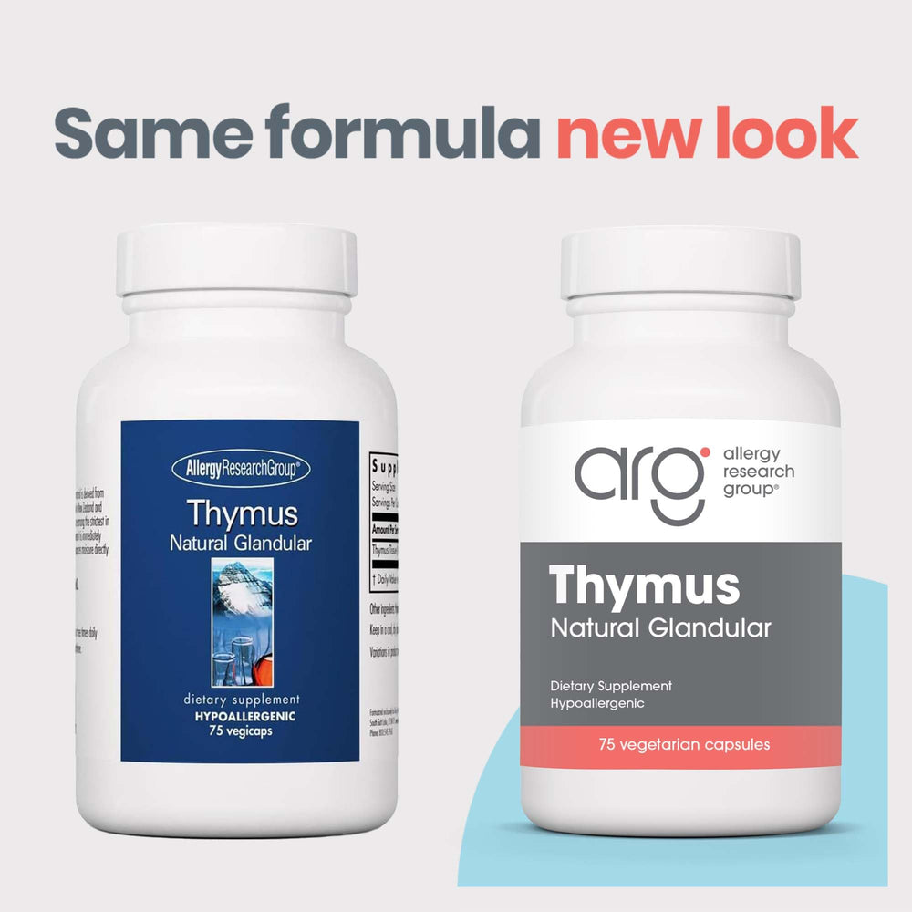 Allergy Research Group Thymus Supplement lyophilized capsules preserve bioactivity for daily use.