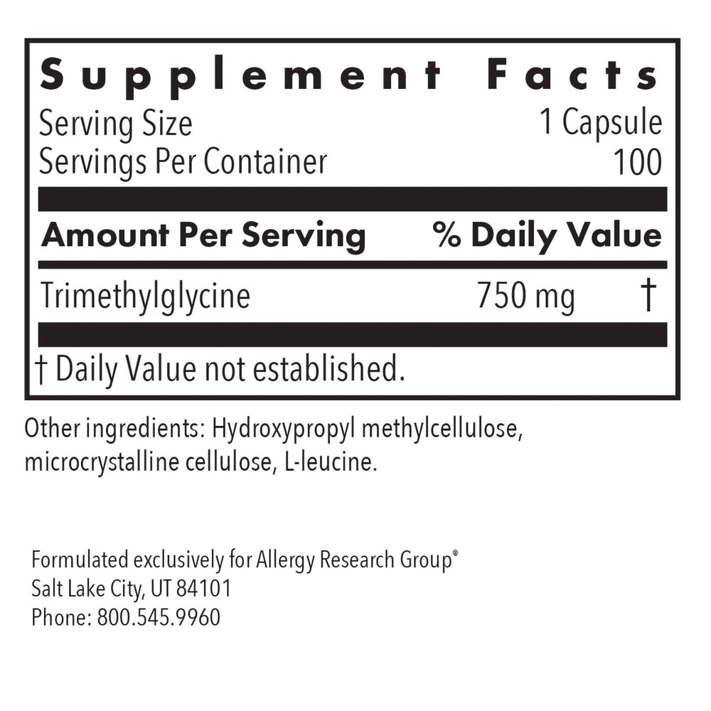 Allergy Research Group TMG bottle label detail for quality assurance.