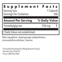 Allergy Research Group TMG bottle label detail for quality assurance.
