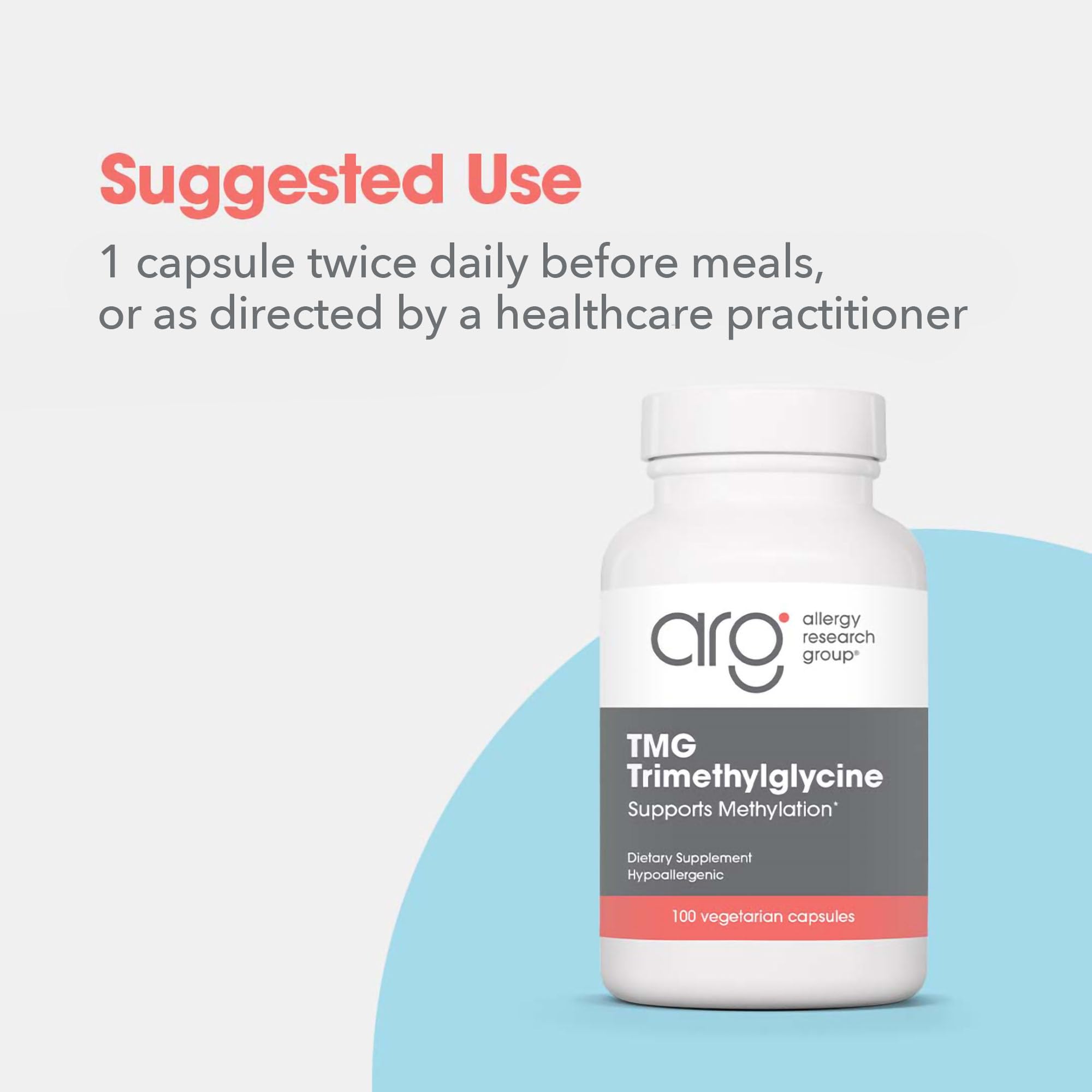 Allergy Research Group TMG bottle with dispensing cap.