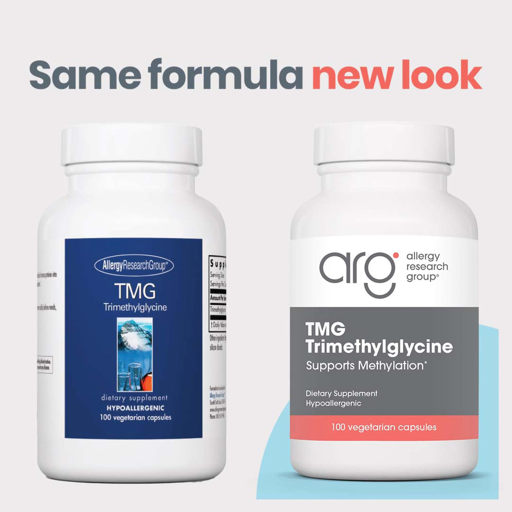 Allergy Research Group TMG capsule close-up emphasizing dosage convenience.