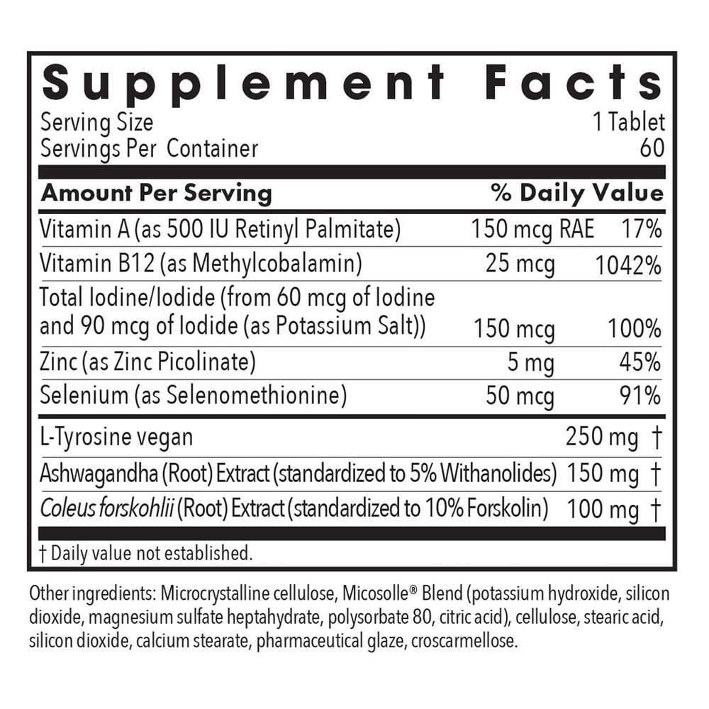 Allergy Research Group vegan thyroid support ingredients panel shows selenium, zinc, and tyrosine