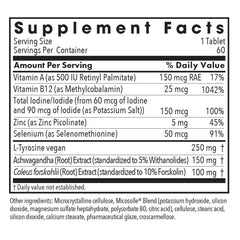 Allergy Research Group vegan thyroid support ingredients panel shows selenium, zinc, and tyrosine