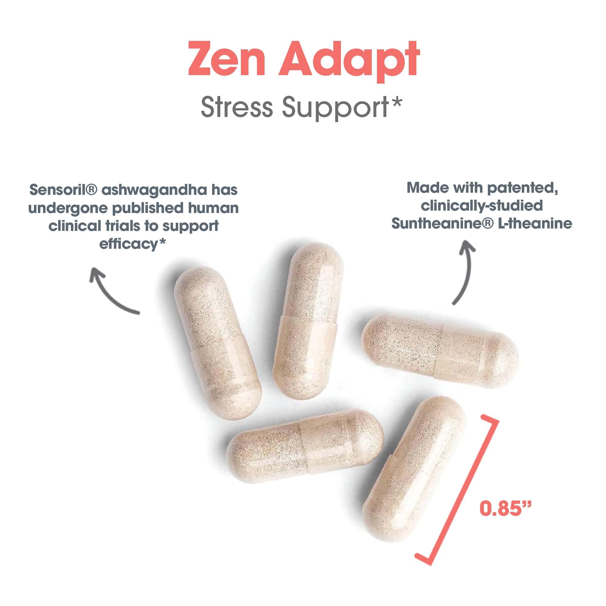 Zen Adapt GABA and L-Theanine ingredients on the label signal daily relaxation cues