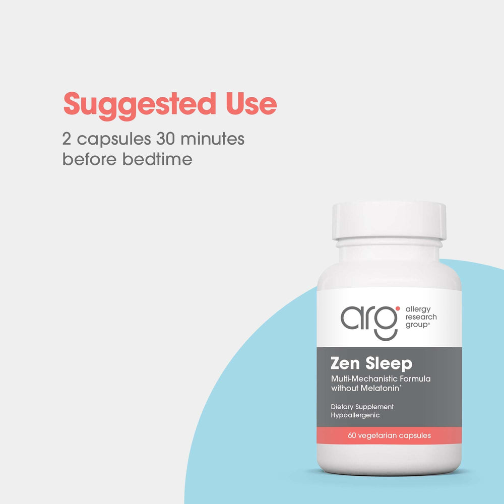 Allergy Research Group Zen Sleep bottle beside a glass of water.