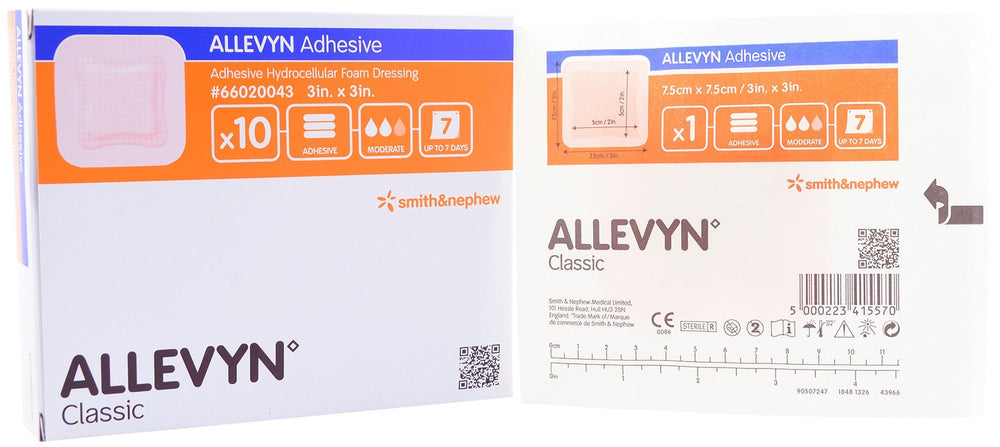 Allevyn dressing adhesive 3x3 showing secure adhesion and waterproof outer layer for wound protection