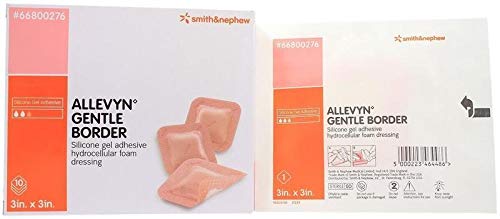 Allevyn Gentle Border dressing being applied to skin for wound coverage.