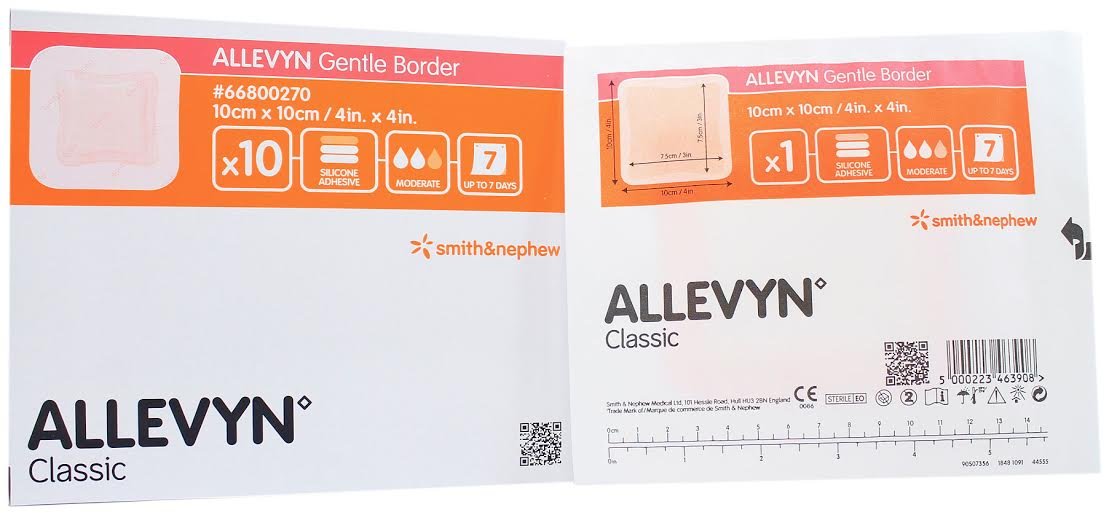 Allevyn Gentle Border dressing 4x4 applied for gentle fixation and absorbent protection.