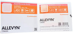 Allevyn Gentle Border dressing 4x4 applied for gentle fixation and absorbent protection.
