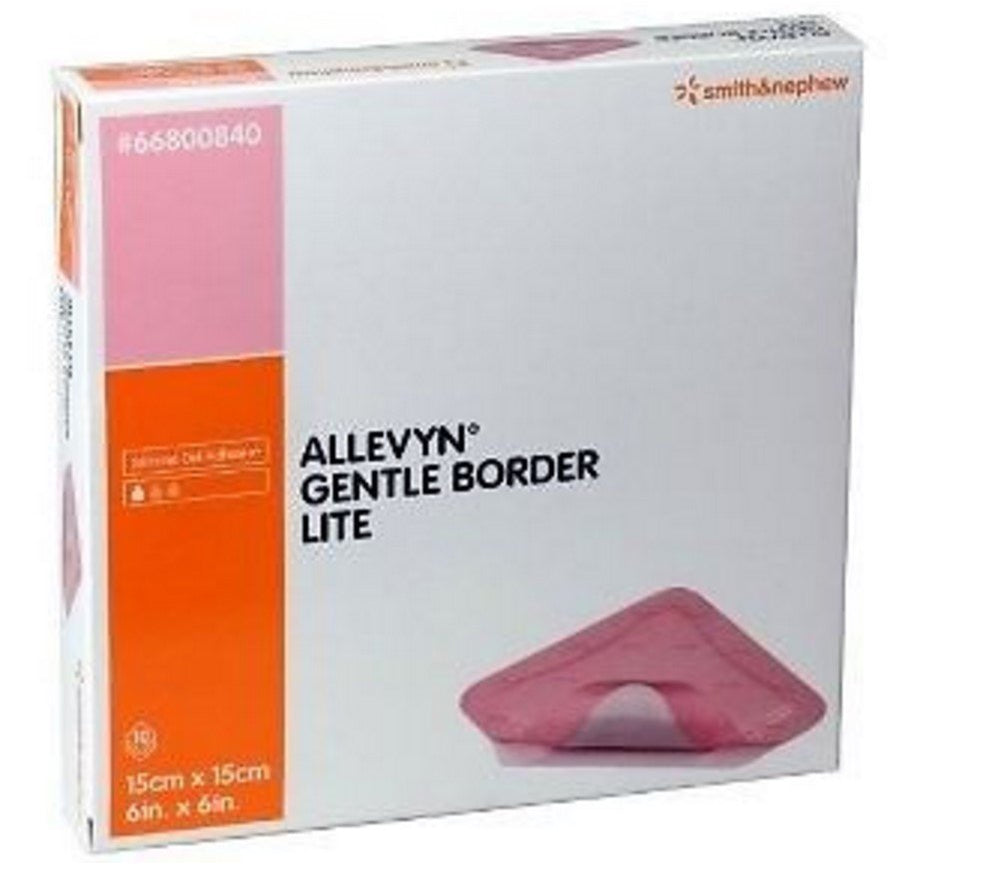 Allevyn Gentle Border Lite 6x6 square dressing, sterile, easy-to-apply wound coverage.