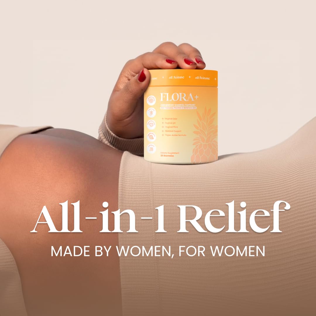 ALLFEMME Flora+ gummies close-up highlights pineapple flavor for easy daily use.