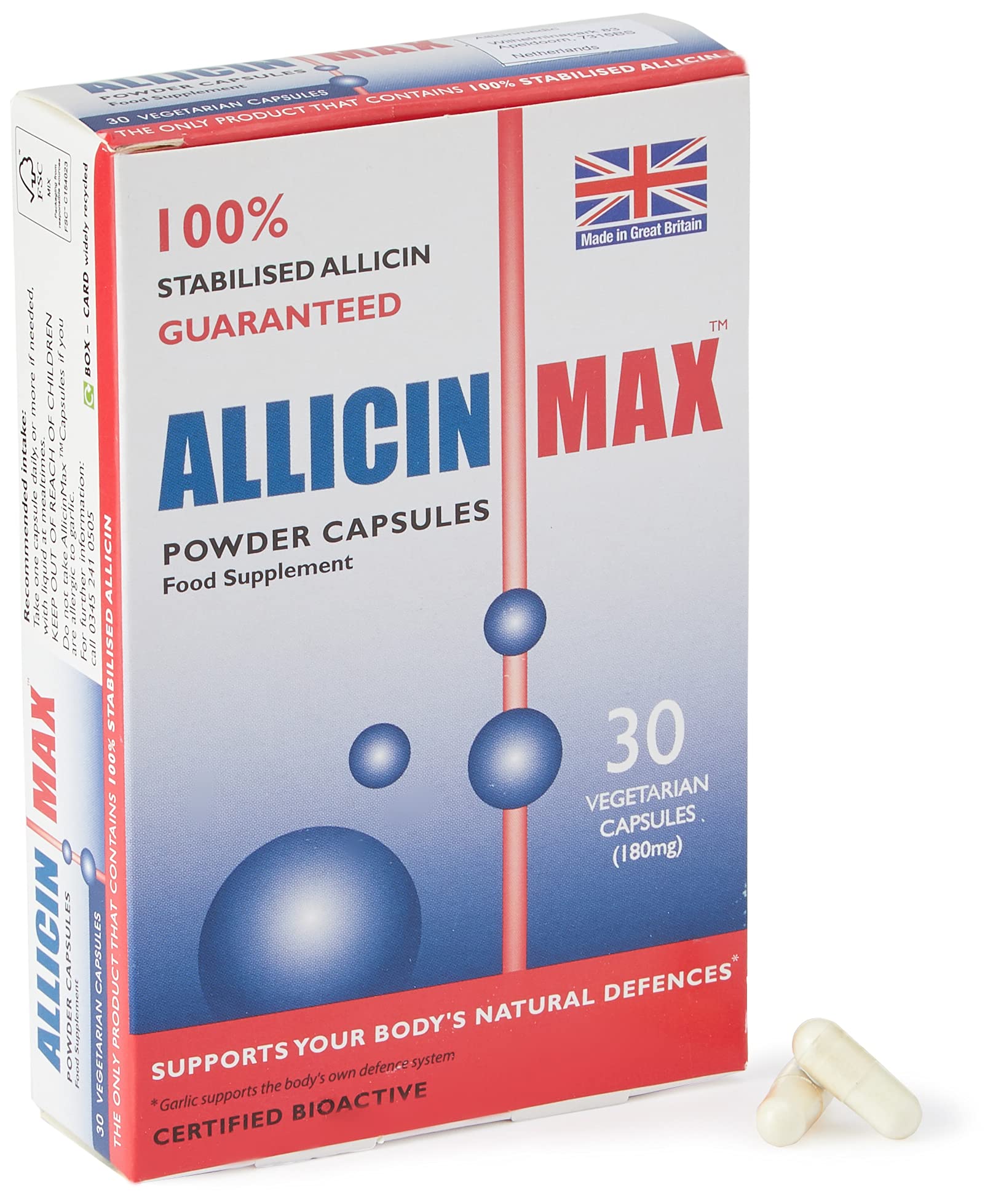 AllicinMax bottle front with 30 vegan capsules for daily use.