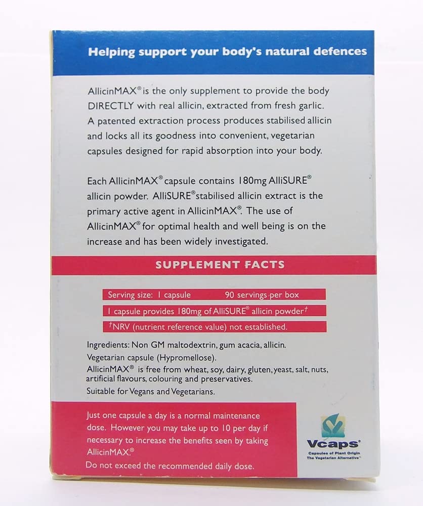 ALLICINMAX bottle label highlighting 180 mg allicin per capsule